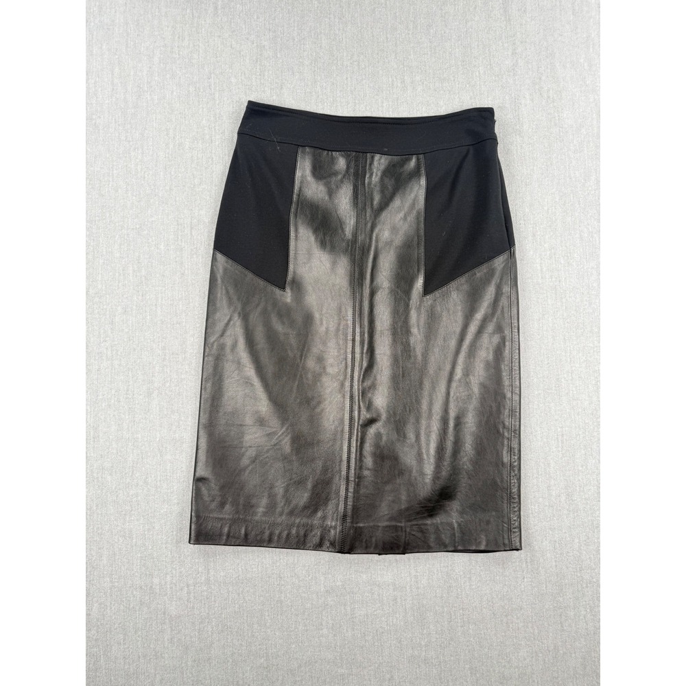 Etcetera Black Genuine Leather Ponte Panel Pencil Skirt Size‎ 0 Mixed Media Knee